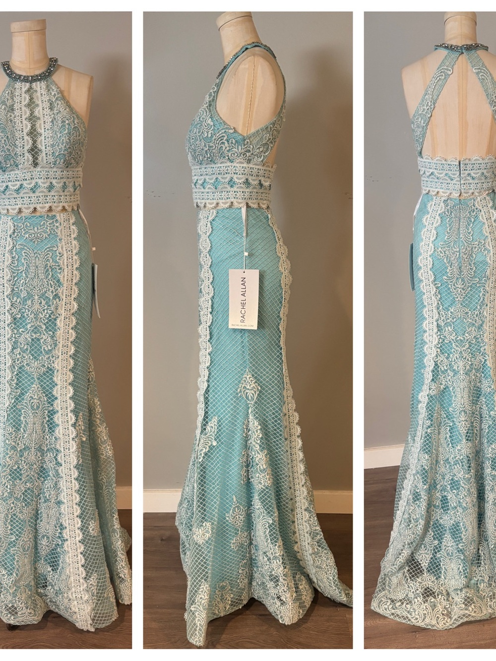 Rachel Allan 7088 Aqua Two-Piece Lace Gown